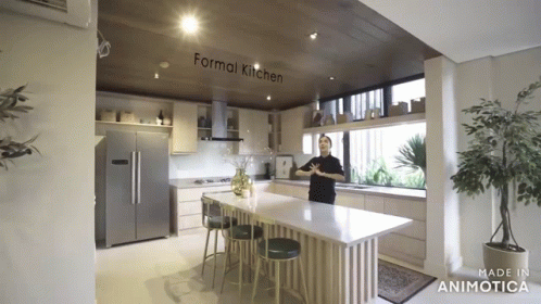 the interior of a modern kitchen with a plant
