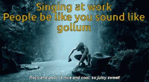 a person kneeling down in a canyon with text saying sing at work people like you sound like gollum
