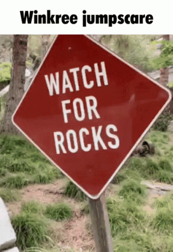 a road sign on a roadside with an slogan for watch for rocks written in white letters