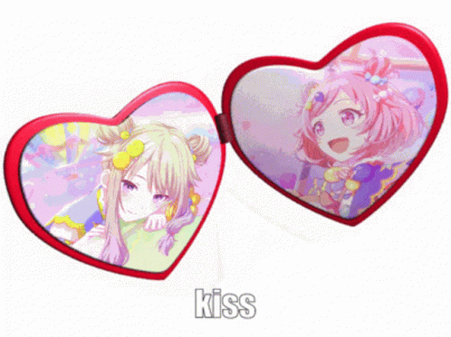 two heart shaped mirrors with anime characters on them