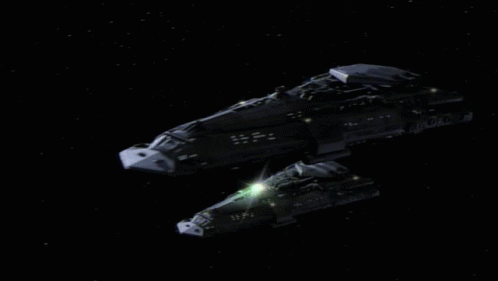 a sci - fi style ship flies across the black sky