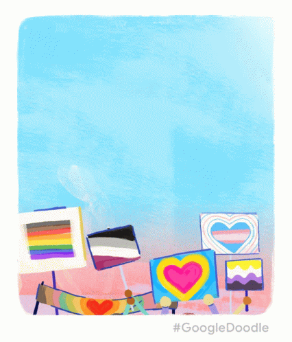 an artistic drawing with bright colors, a long string and flags