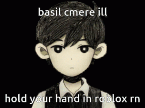 a computer animation of a boy with brown hair and the words basil emere ill hold your hand in roboxm