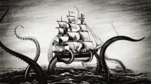 a ship floating in the ocean with an octo and boat