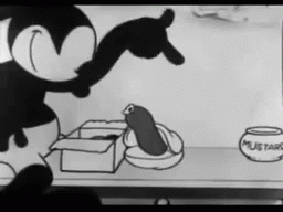 the person in black and white is holding out a mouse to a cat