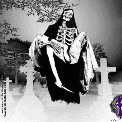 a skeleton sitting on a chair near a cemetery