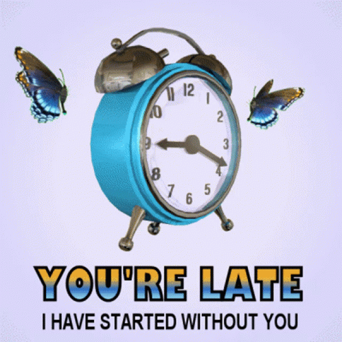an alarm clock with moths around it and a quote that says, you're late i have started without you