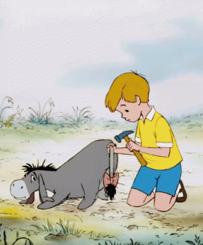 cartoon picture of a  brushing and dragging a donkey