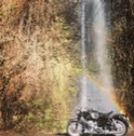 a motorcyclist is parked in front of an image of a waterfall