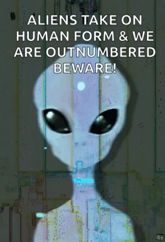 a cartoon aliens face with text over it