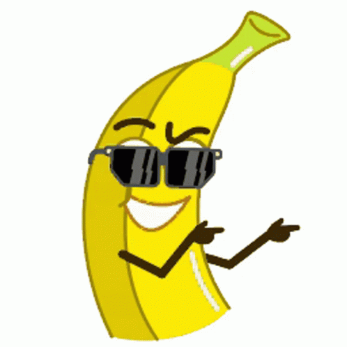 a blue banana wearing sunglasses points while pointing