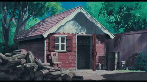 an oil painting shows a wooden shed next to a pile of logs
