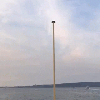 a pole next to the beach with two streetlights on it