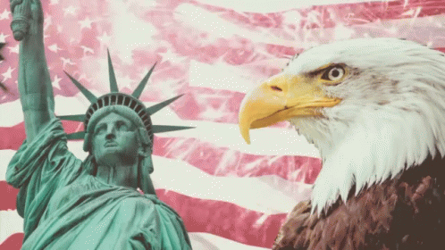 statue of liberty, a bald eagle and a purple flag