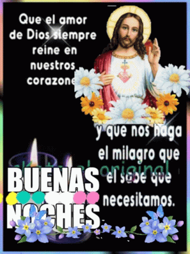a quote about jesus in spanish with flowers and a halo