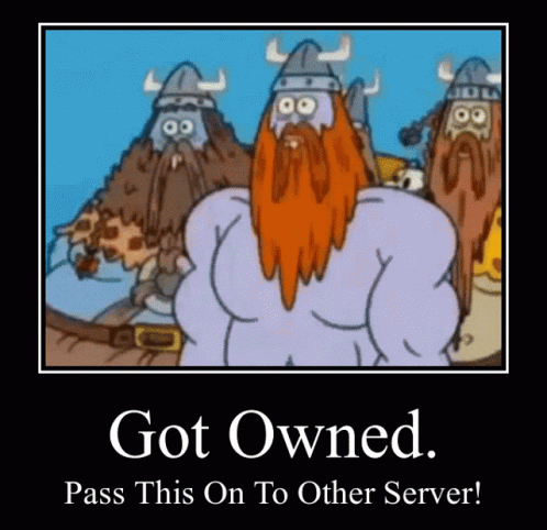 a sign with two cartoon characters that say,'got owned pass this on to other server '