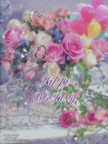 a happy birthday card with purple and pink flowers