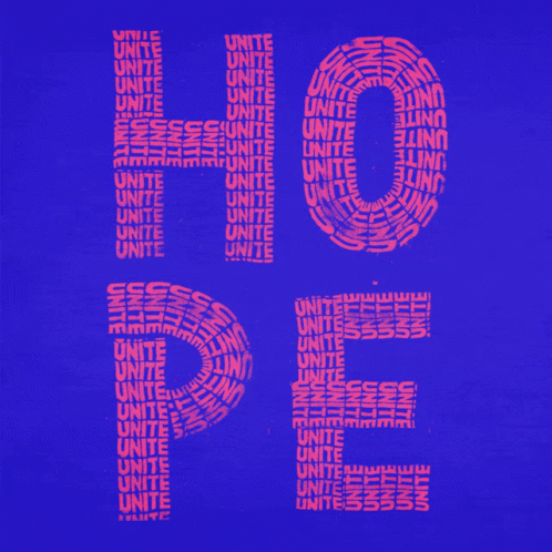 purple words in a bright red background spelling hope