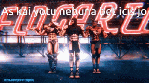 a group of people in futuristic outfits and neon text