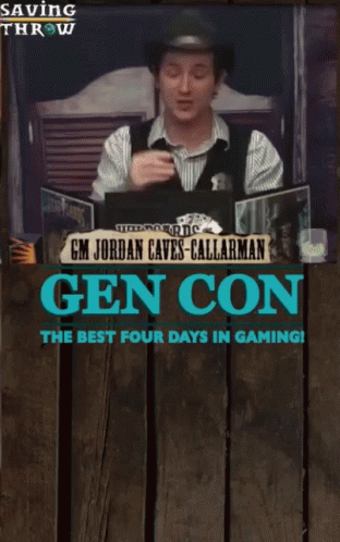 a sign in front of a wooden wall advertising gen con