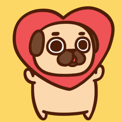 a little pug holding a heart with eyes and a scarf