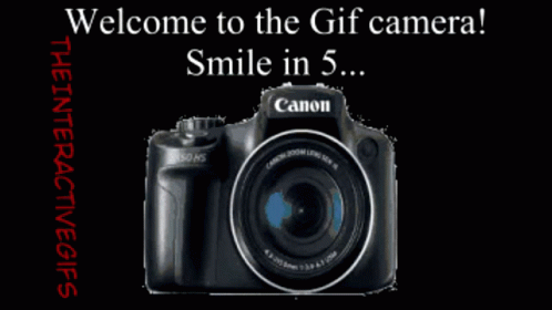 a camera with the words welcome to the gif camera smile in 5