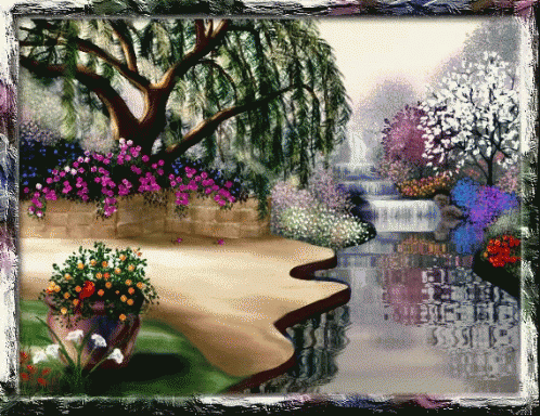a painting depicting a peaceful spring day by the pond