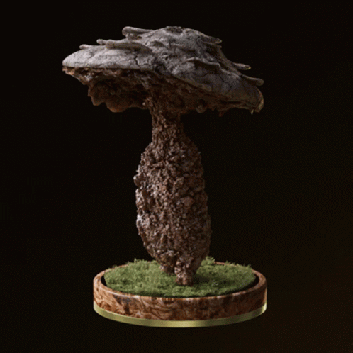 the miniature statue of a mushroom mushroom is on display
