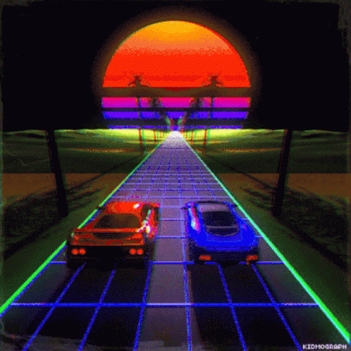 two cars are on a brightly lit road