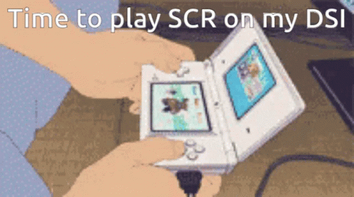 someone holding an old computer with the words time to play scr on my dsi
