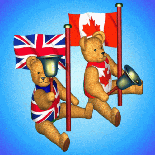 a couple of blue teddy bears sitting next to flags