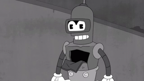 a stylized cartoon with the figure robot standing in front of the camera