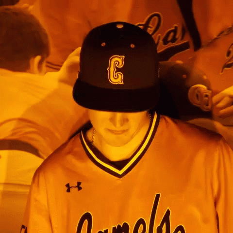 the baseball player is wearing a black and blue hat