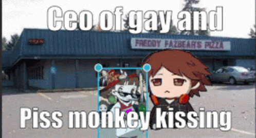 a po of a parking lot with a sign over it that says, go of gay and piss monkey kissing