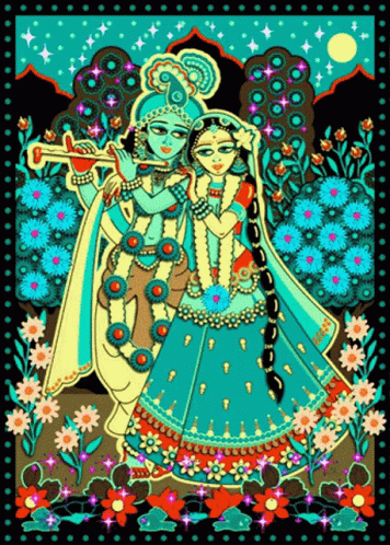 a painting of a couple on a colorful floral background