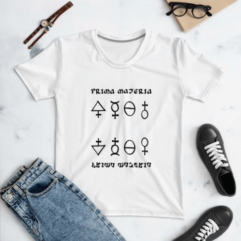 the t - shirt is written as two symbols and some shoes
