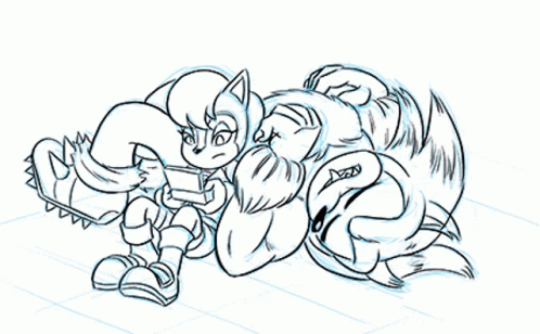 a penciled drawing of sonic playing video games