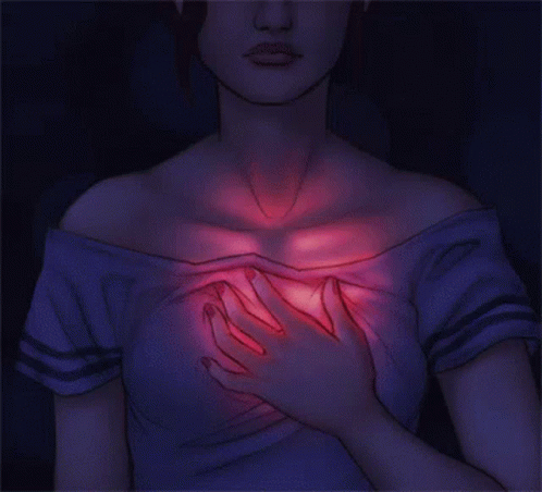 a woman with dark skin holds her chest with a glowing, purple heart