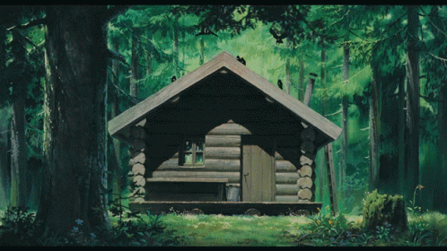 a cabin in the woods with an animal sticking out of it