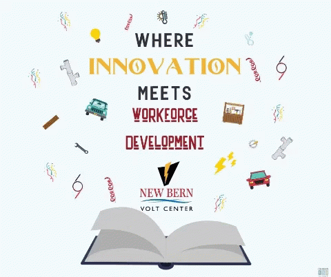 a large open book with a text describing where innovation meets workforce development is new bern