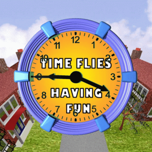 a cartoon image of a huge clock with words