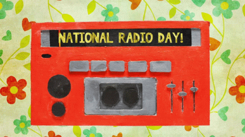 an art piece with a blue radio that says national radio day