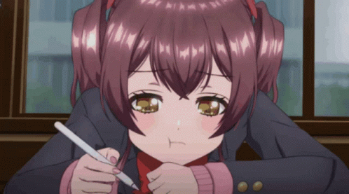an anime girl holds a toothbrush in her hand and looks like she is crying