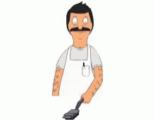 a blue cartoon character with a white apron on and a black head