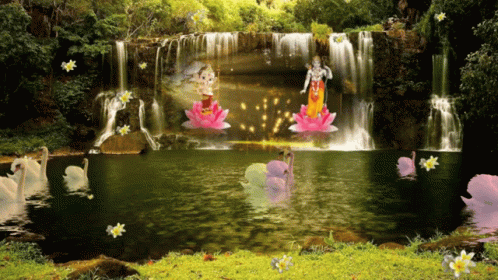 some fairy like pictures floating on water near some rocks