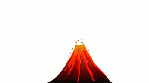a blue volcano with a red top under a white sky