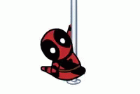 a cartoon image of a deadpool holding onto a pole