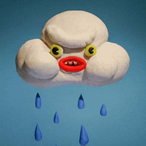 an animated illustration of a white cloud with several brown drops of paint