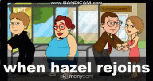 cartoon of people on a cell phone, and words that say when hazel reigns