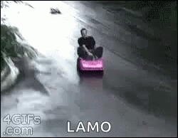 a man riding in the back of a pink bumper car